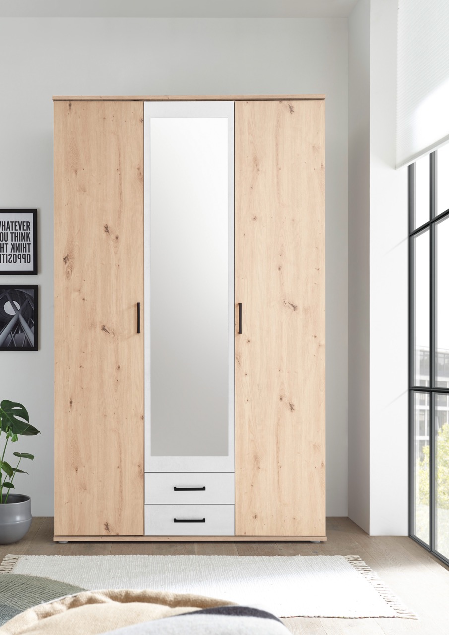 Kast van licht hout met spiegel en twee laden in moderne slaapkamer bij Belga Meubel Brugge