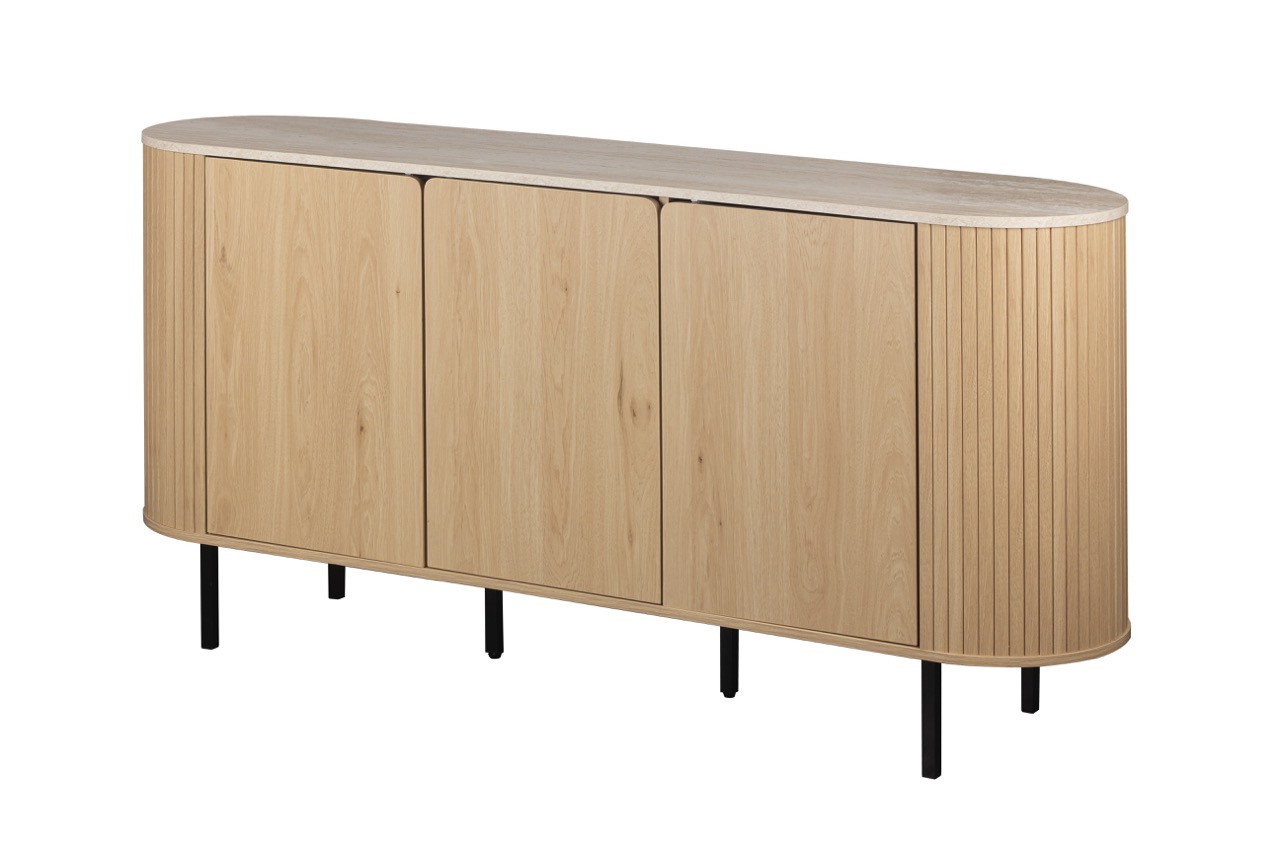 Licht houten dressoir met afgeronde zijkanten en zwarte poten, modern design