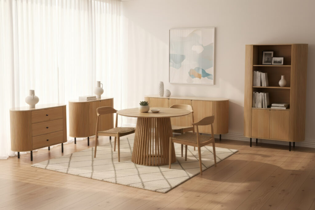 Moderne eetkamer met ronde houten tafel, vier houten stoelen, tv-kast, dressoir en boekenkast van Belga Meubel in Brugge