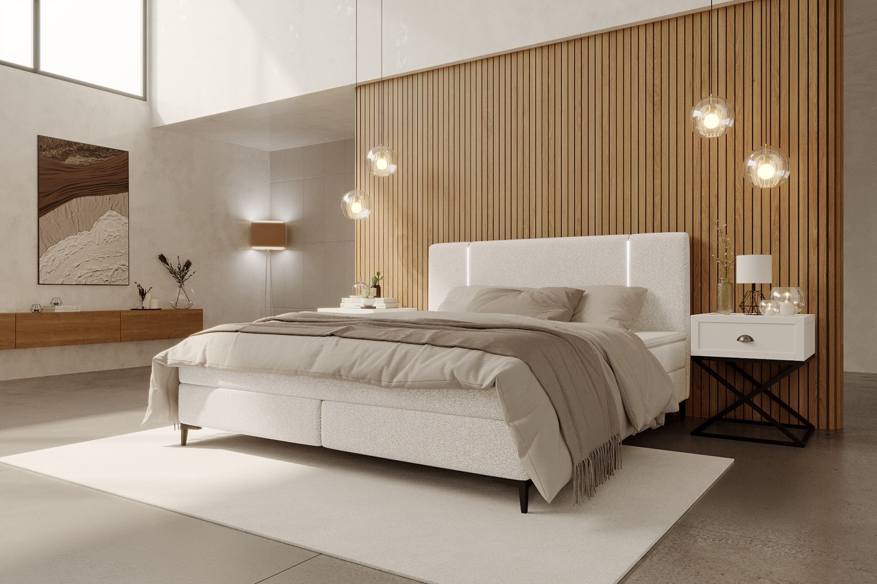 modern slaapkamerinterieur met wit gestoffeerd bed, houten wandbekleding en strakke nachtkast met hangende lampen