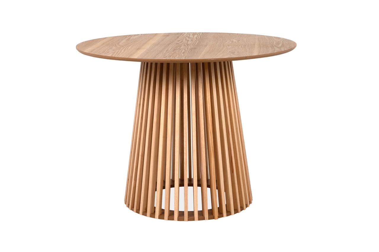 rond houten eettafel met verticale latten als voetstuk verkrijgbaar bij Belga Meubel Brugge