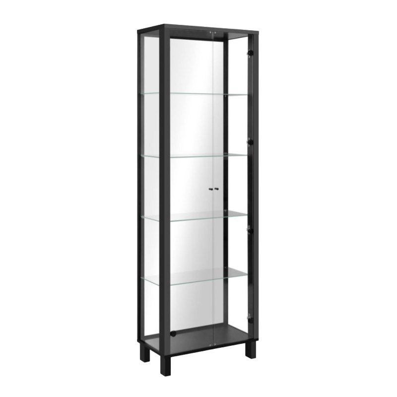 Zwarte glazen vitrinekast met vier glazen legplanken en metalen frame van Belga Meubel