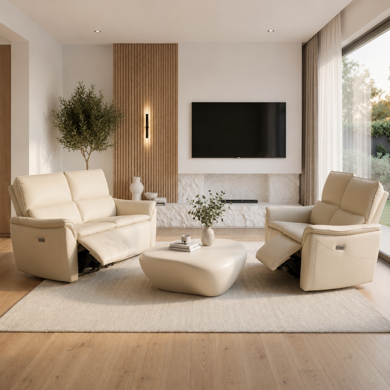 Salon Nantes in licht leder met elektrische relaxfunctie in een modern woonkamerinterieur.