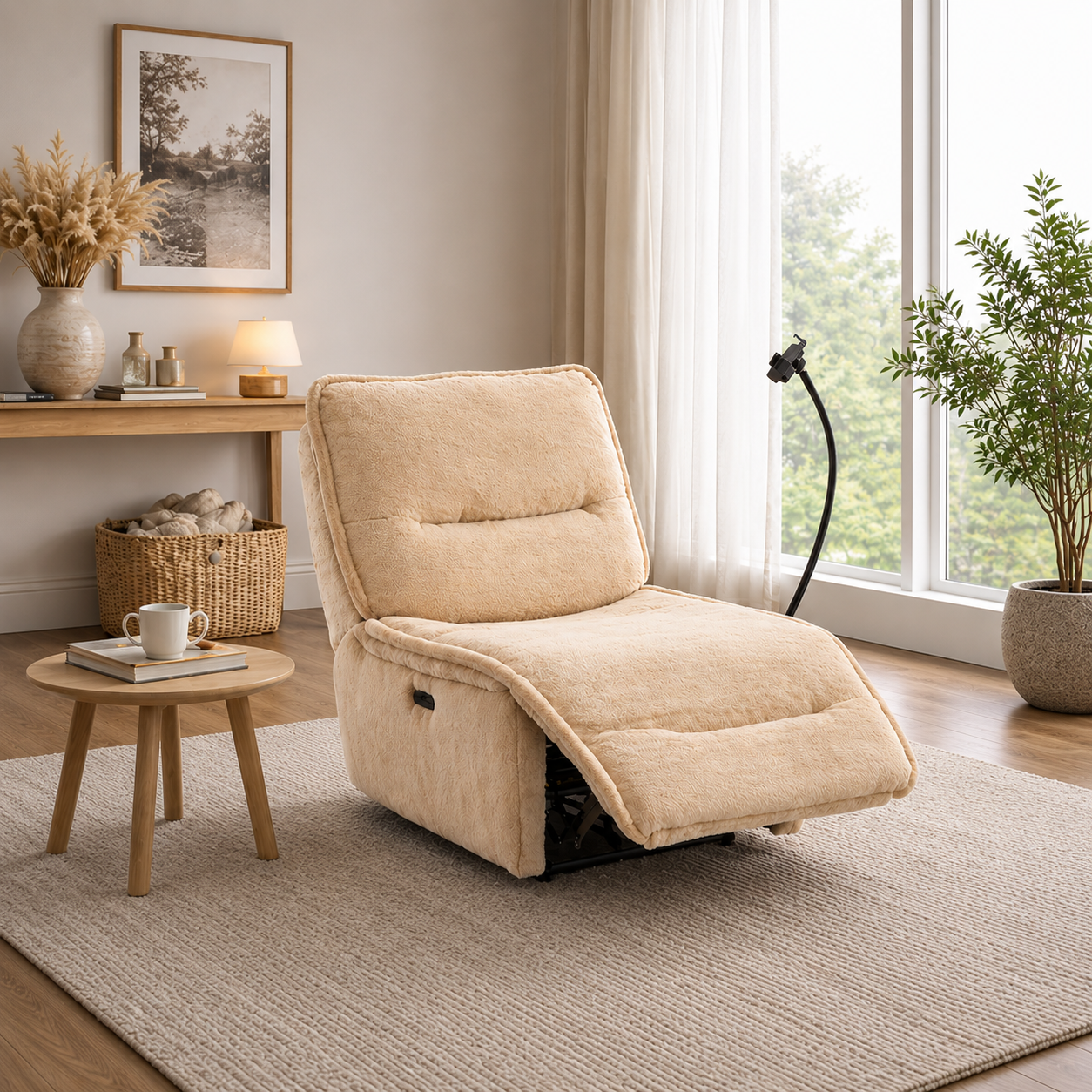 Easy Chair Relax in lichtbeige stof met elektrische relaxfunctie in een modern woonkamerinterieur.