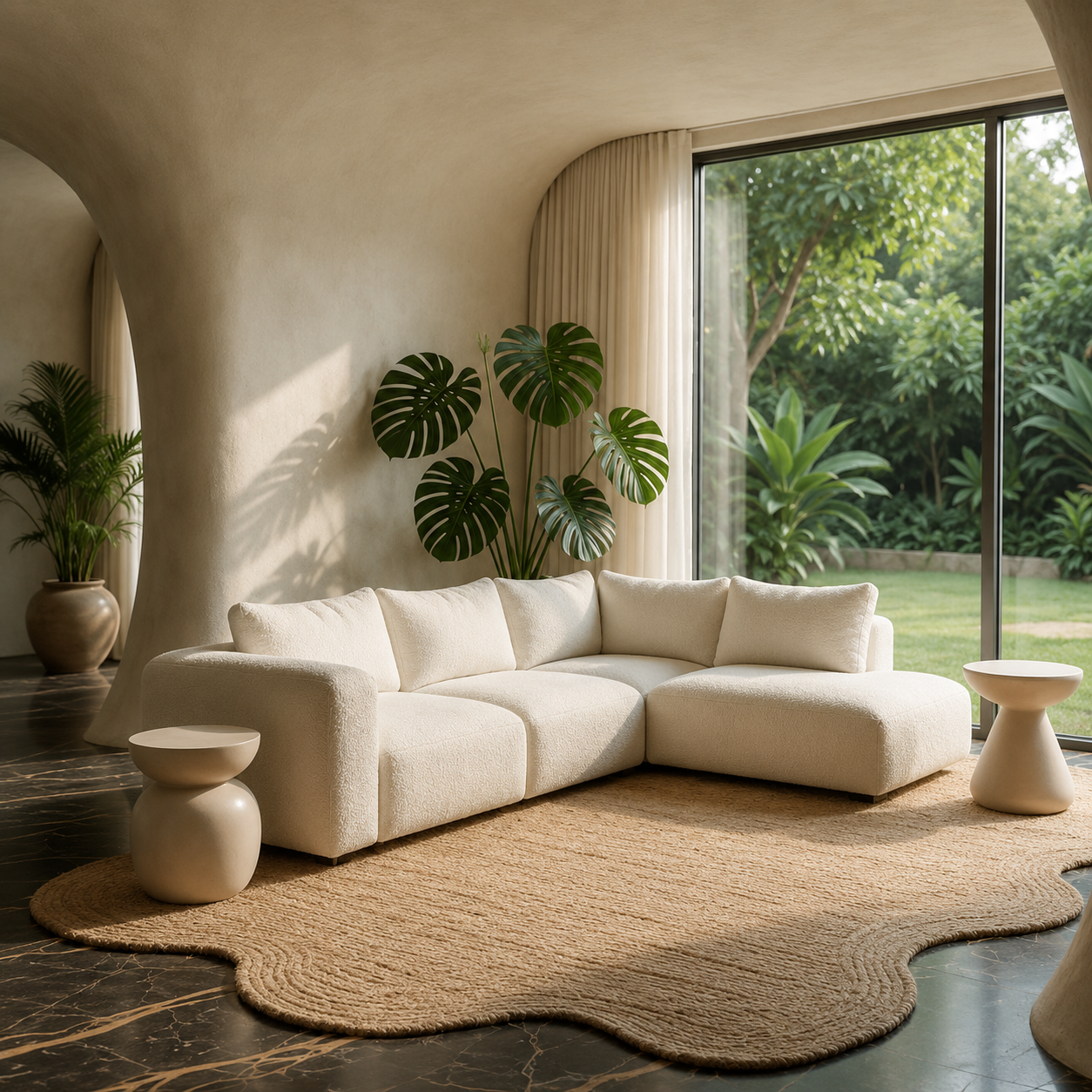 Hoeksalon MOMO in crèmekleurige bouclé stof in een modern en organisch woonkamerinterieur met veel natuurlijk licht.