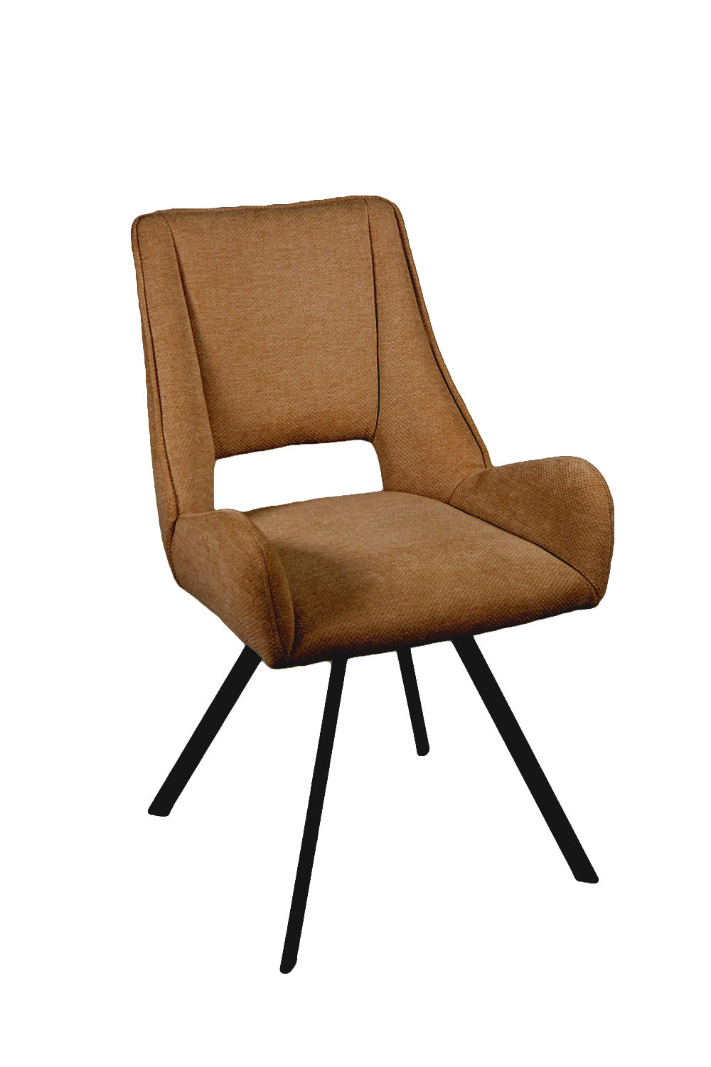 Stoel IAN in cognackleurige stof met zwarte metalen poten in een modern interieur.