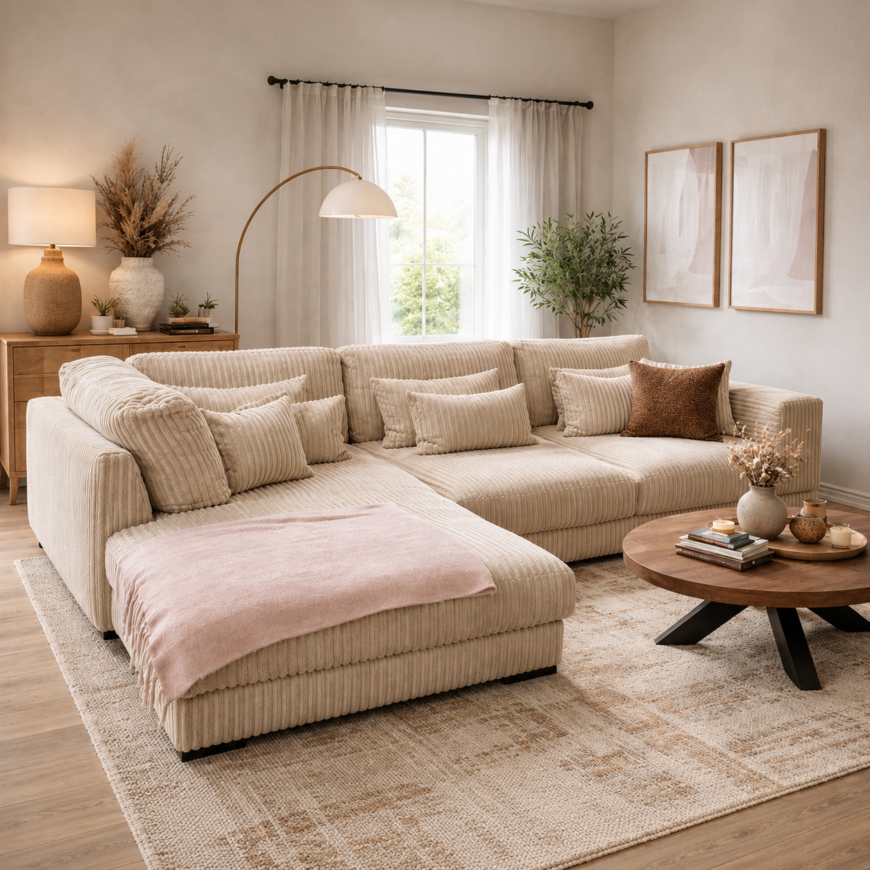 Loveseat salon in beige ribstof met chaise longue in een stijlvol en modern woonkamerinterieur.
