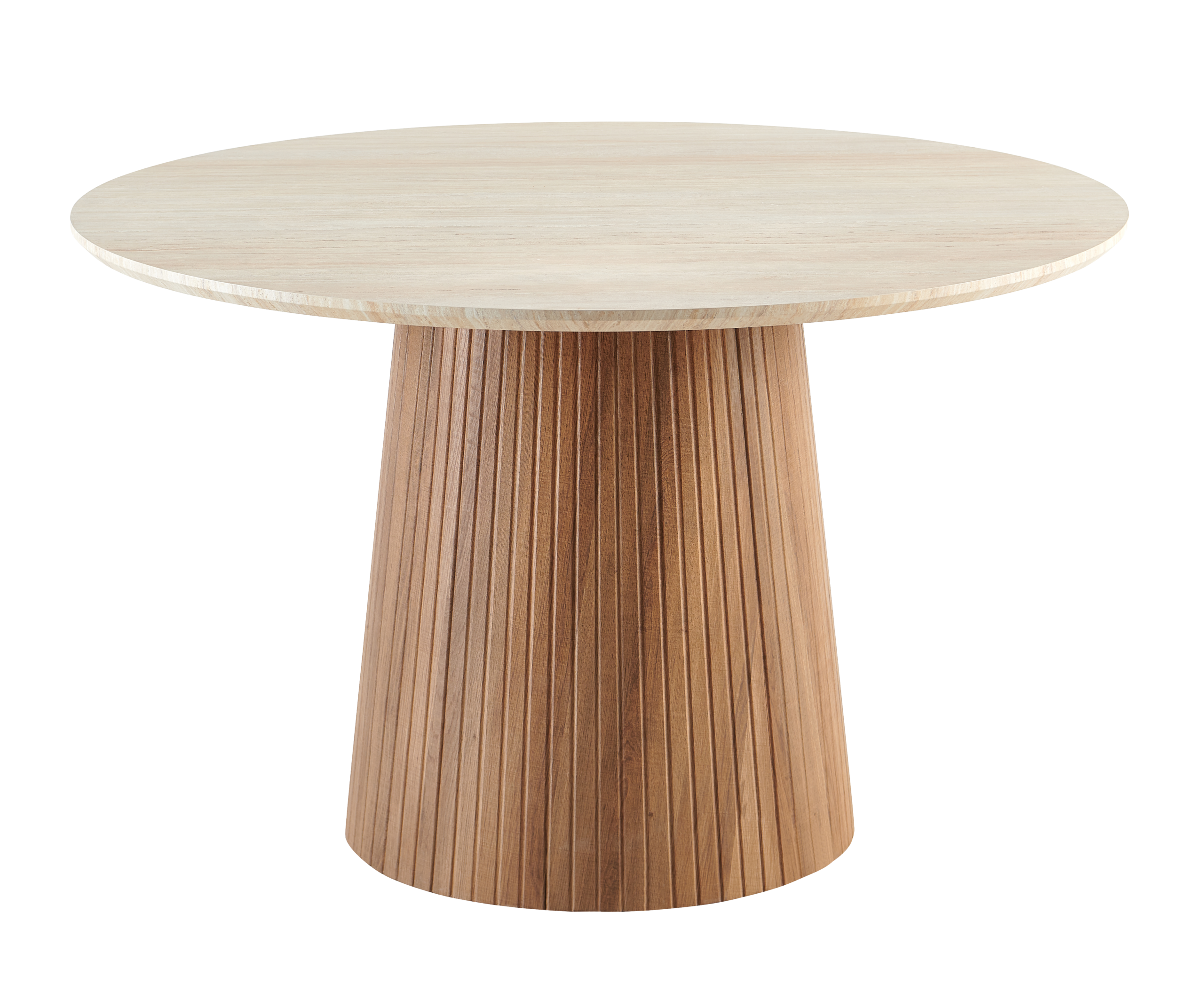 Ronde tafel in eiklook met geribbelde centrale poot in een modern eetkamerinterieur.