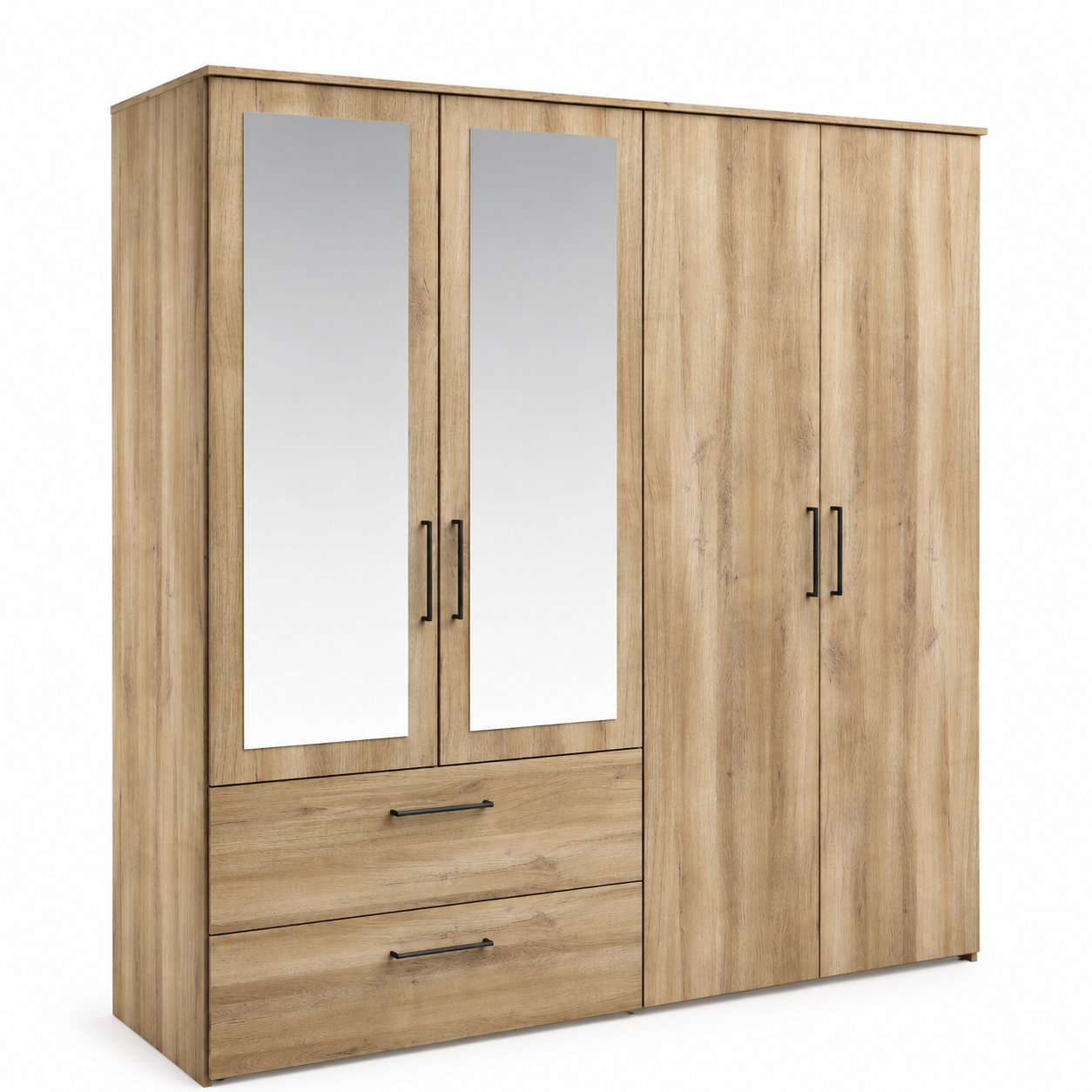 Opbergkast Orelia in eiklook met spiegeldeuren en praktische opbergruimte in een modern slaapkamerinterieur.