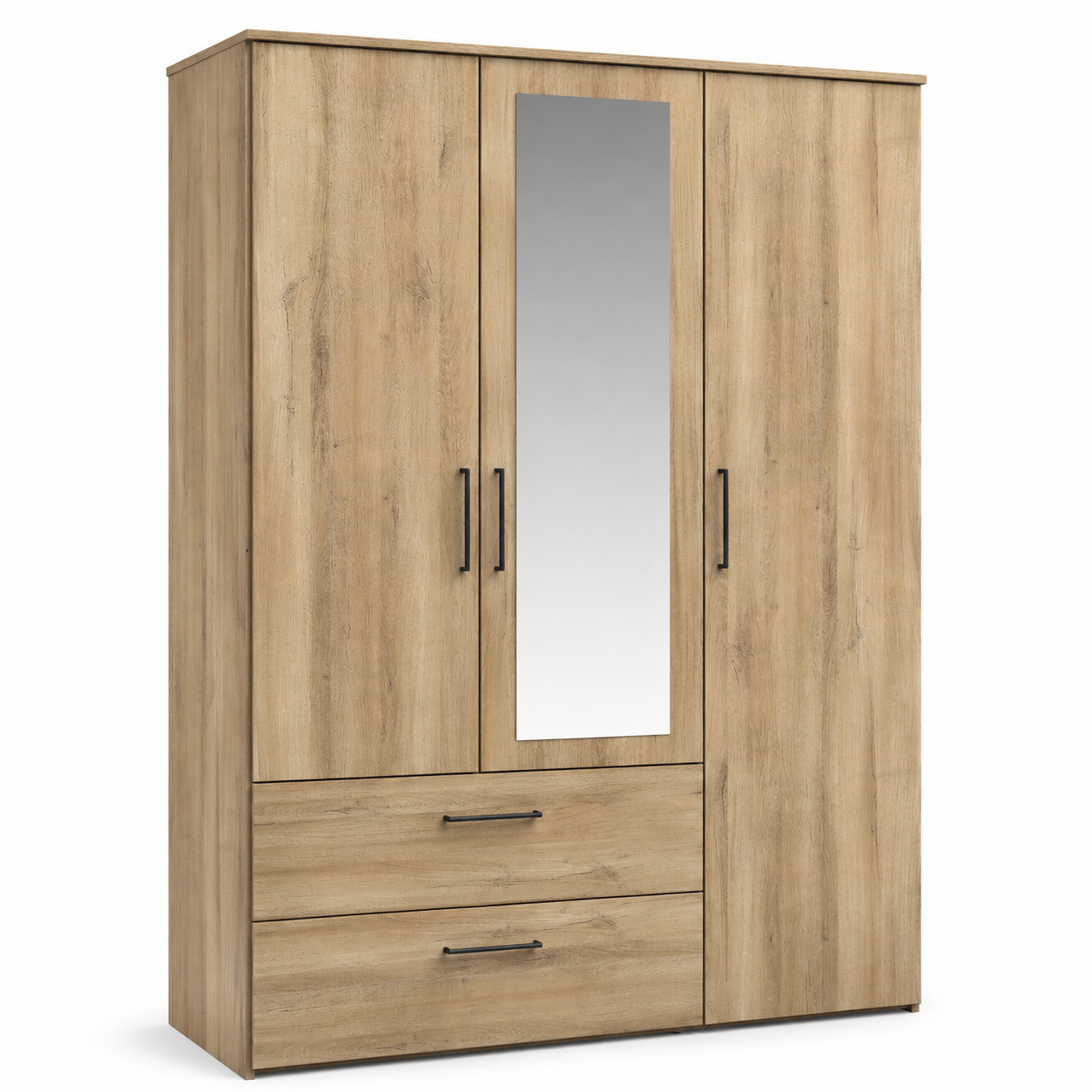 Opbergkast Orelia in eiklook met spiegeldeuren en praktische opbergruimte in een modern slaapkamerinterieur.