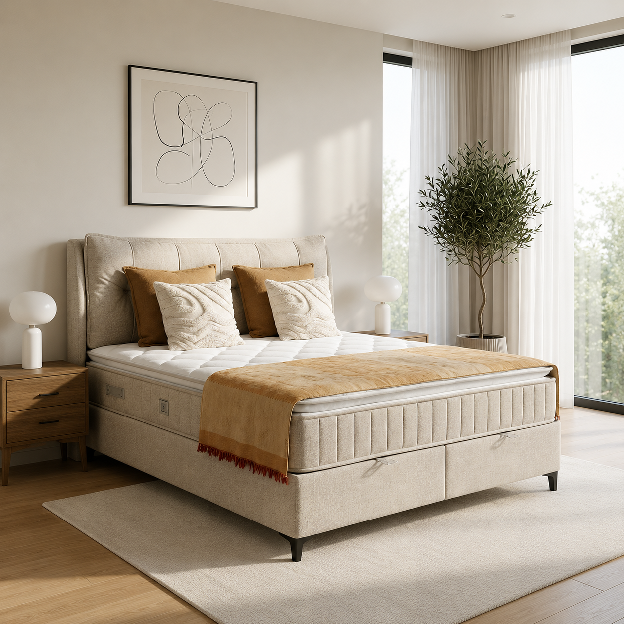 Stijlvolle boxspring in lichtbeige stof met gestoffeerd hoofdbord in een modern slaapkamerinterieur.