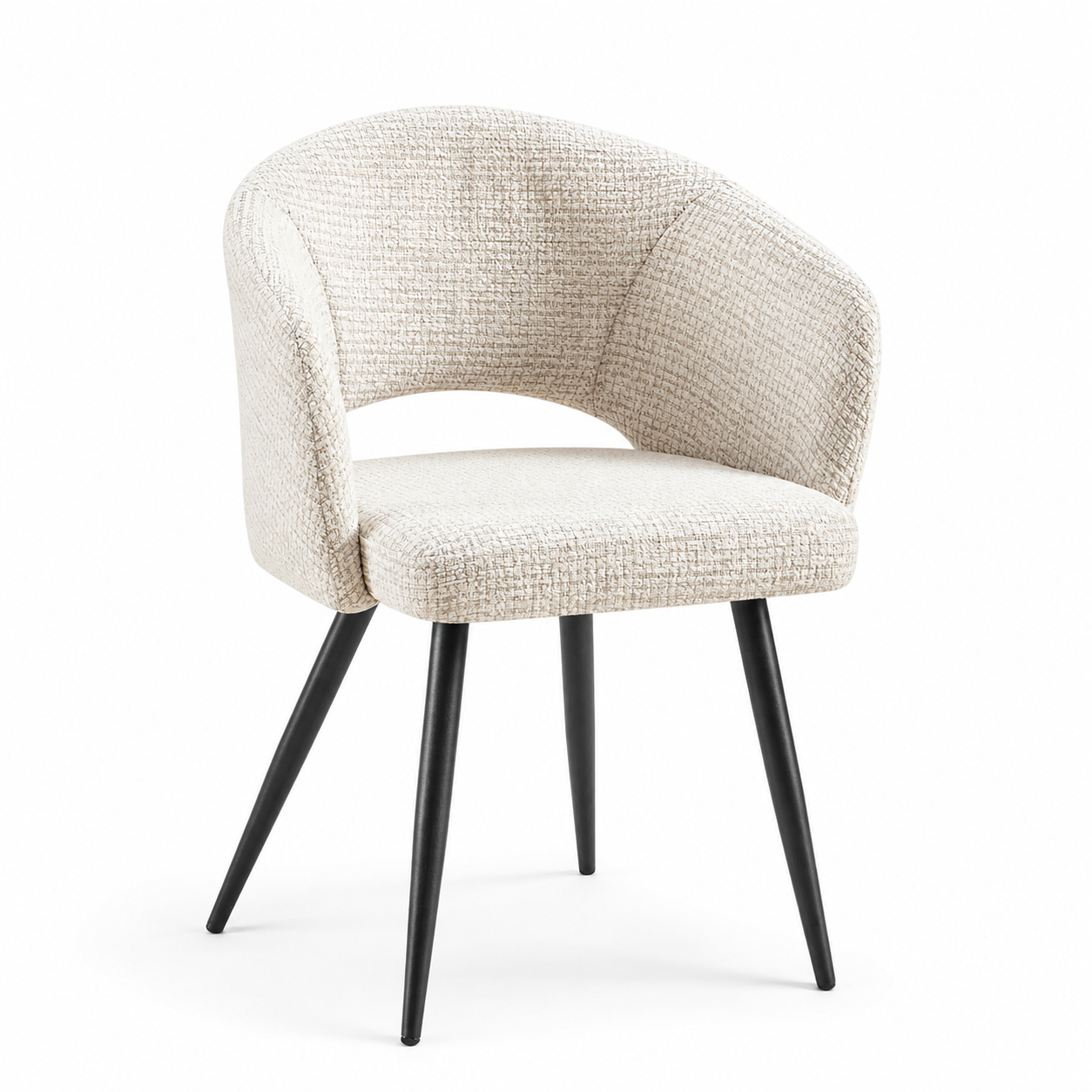 Licht beige design stoel met zwarte metalen poten in een modern en stijlvol interieur.