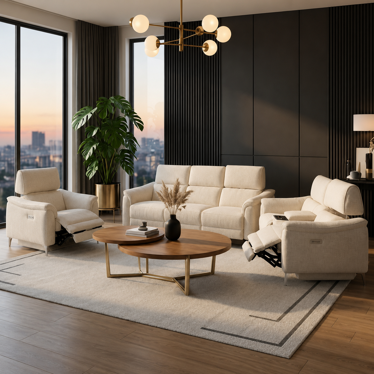 Salon Nantes in lichtbeige stof met relaxzetels in een modern woonkamerinterieur.