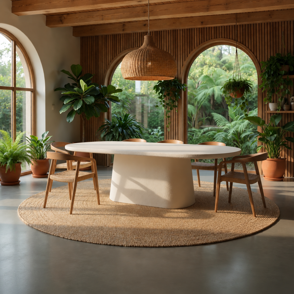 Thanda ovale eettafel met organisch onderstel in een stijlvol en modern eetkamerinterieur.