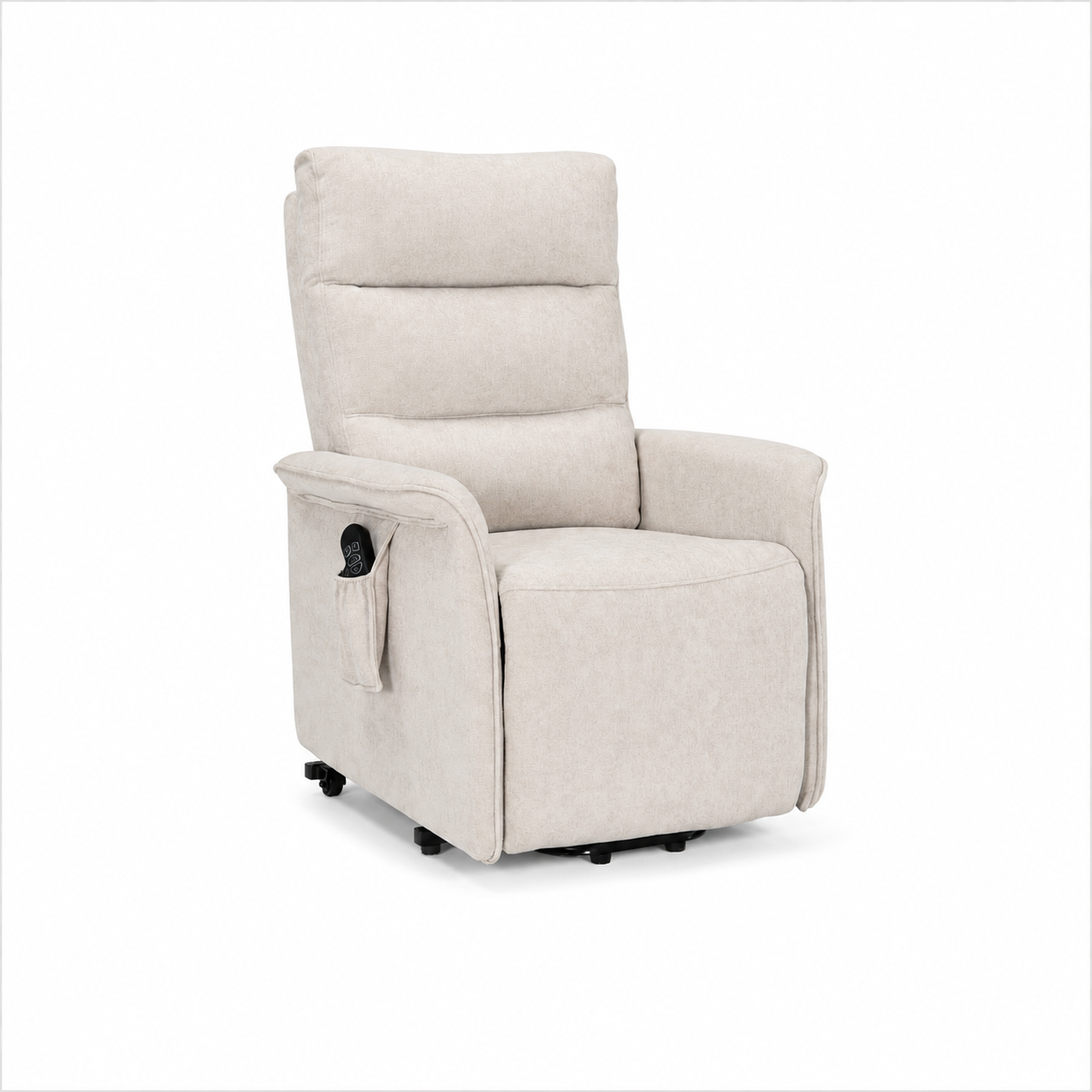 Relax Pluto in lichtbeige stof met hoge rugleuning, zachte zitting en afstandsbediening in het zijvak.