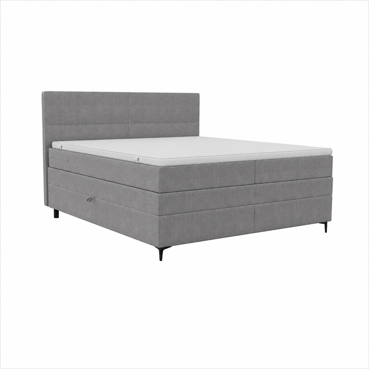 Boxspring Maxi in grijze stof met hoog gestoffeerd hoofdbord en lichte topper, uitgevoerd in een strak en tijdloos ontwerp.