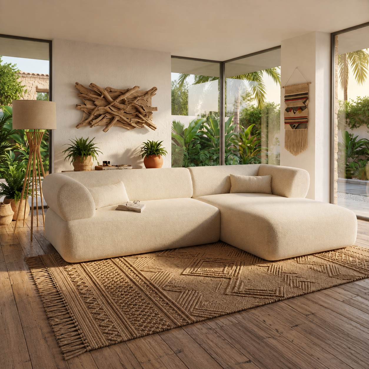 Salon Markaz in lichte bouclé stof met afgeronde vormen en ruime chaise longue in een warm, modern woonkamerinterieur.