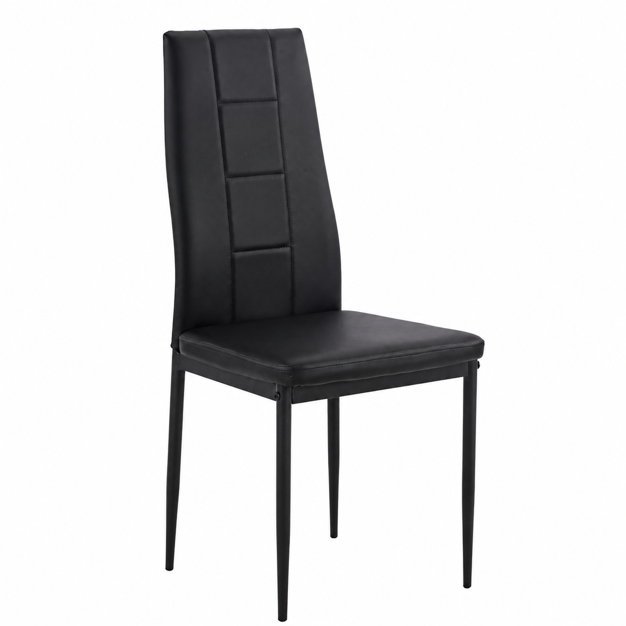 Stoel Franca in zwart met hoge gestoffeerde rugleuning, subtiele stiknaden en slanke zwarte poten.