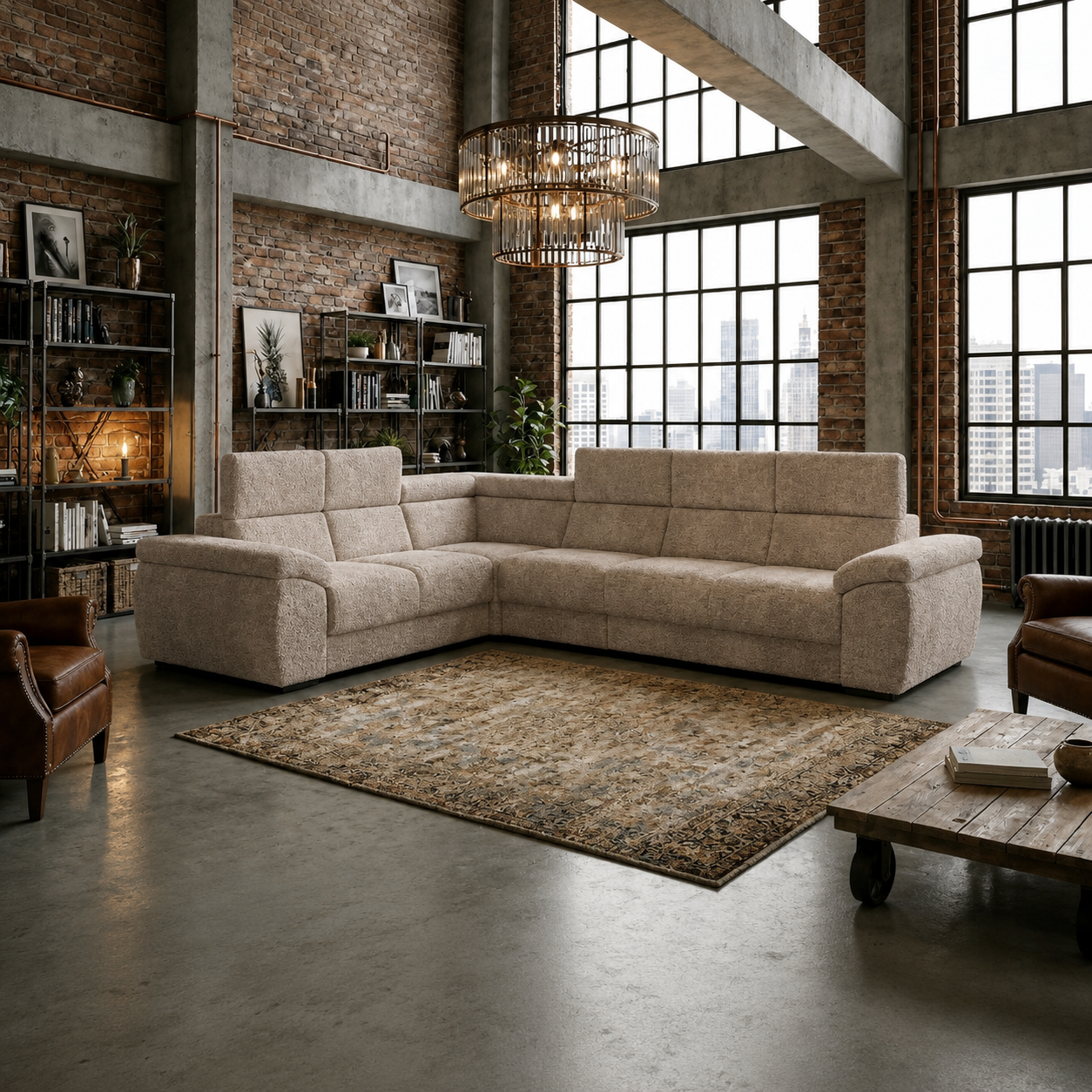 Hoeksalon Julia in lichte stof met ruime hoekopstelling, hoge rugkussens en brede armleuningen in een industrieel interieur.